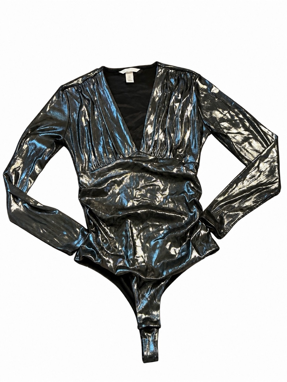 H&M Metallic Silver Black Long Sleeve Bodysuit Size Medium M Party Club Y2K